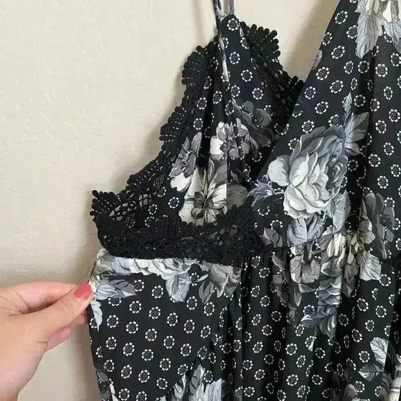 Free People Black Floral Midi Dress Crochet Chest - Picture 3 of 14